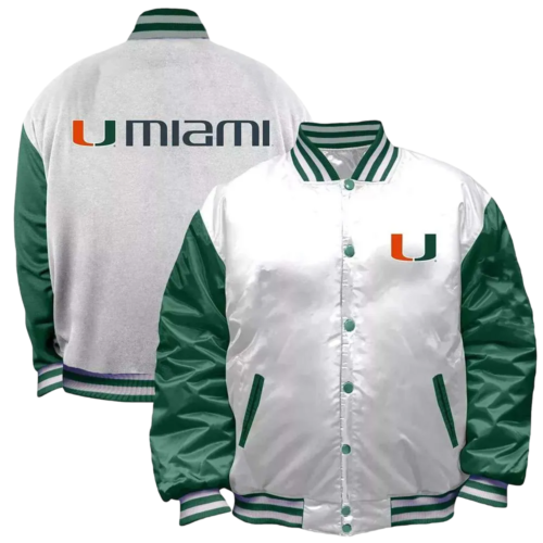 Miami Hurricanes Bomber White Satin Varsity Jacket - Image 3