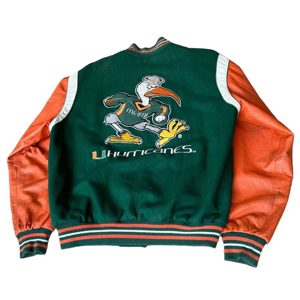 Miami Hurricanes Letterman Green/Orange Wool & Leather Varsity Jacket - Image 2