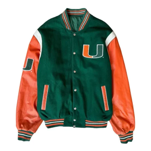 Miami Hurricanes Letterman Green/Orange Wool & Leather Varsity Jacket