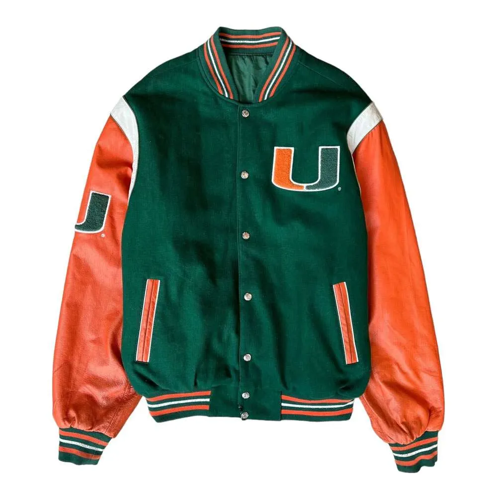 Miami Hurricanes Letterman Green/Orange Wool & Leather Varsity Jacket