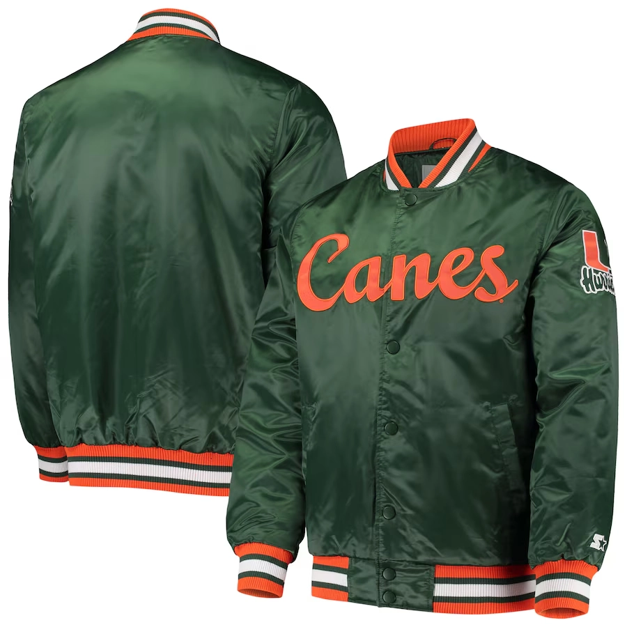 Miami Hurricanes O-Line Green Satin Varsity Jacket - Image 4