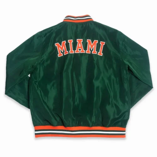 Alternative view of Miami Hurricanes Retro Sebastian Green Satin Bomber Varsity Jacket