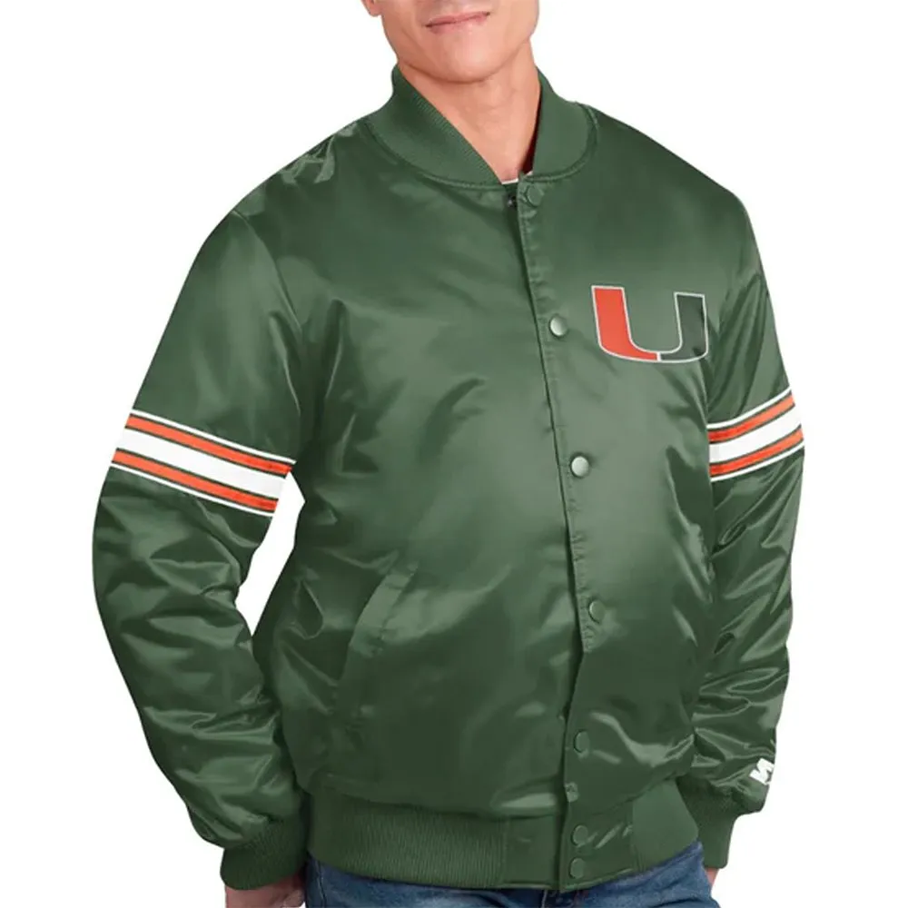 Miami Hurricanes Pick & Roll Green Satin Varsity Jacket