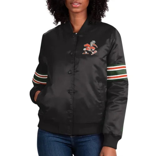 Miami Hurricanes Striped Black Satin Varsity Jacket
