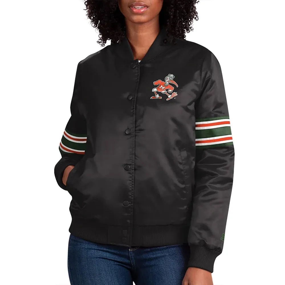 Miami Hurricanes Striped Black Satin Varsity Jacket