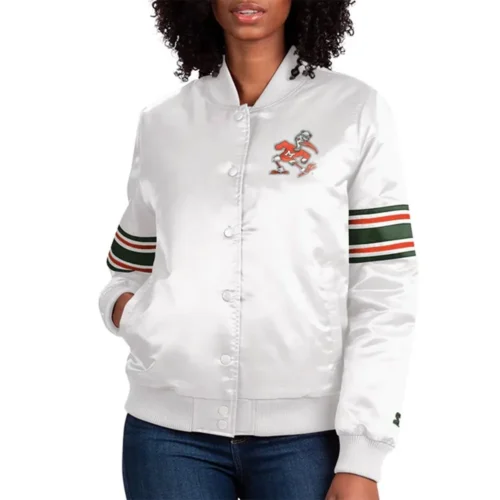 Miami Hurricanes Line Up White Satin Varsity Jacket