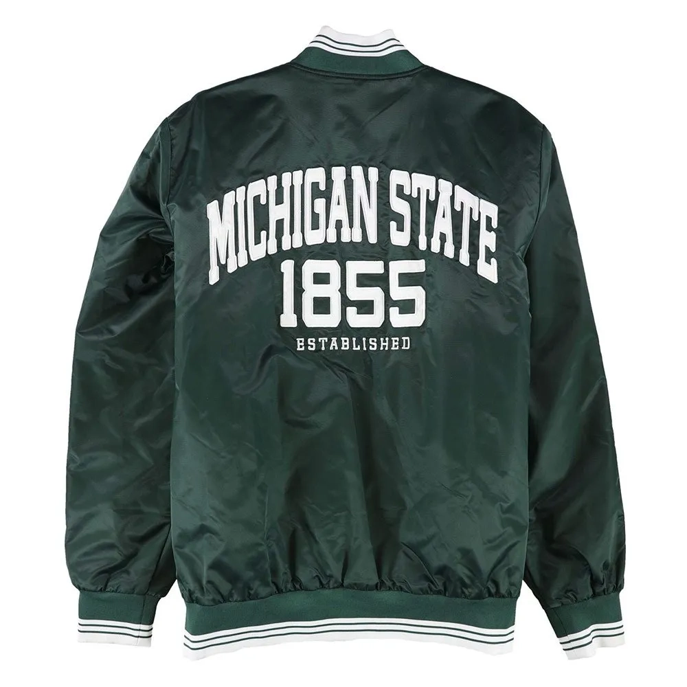 Michigan State Spartans Vintage Striped Green Satin Varsity Jacket - Image 2