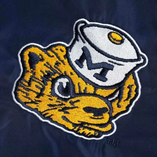 Michigan Wolverines Hat Script Navy Bomber Satin Jacket - Image 3