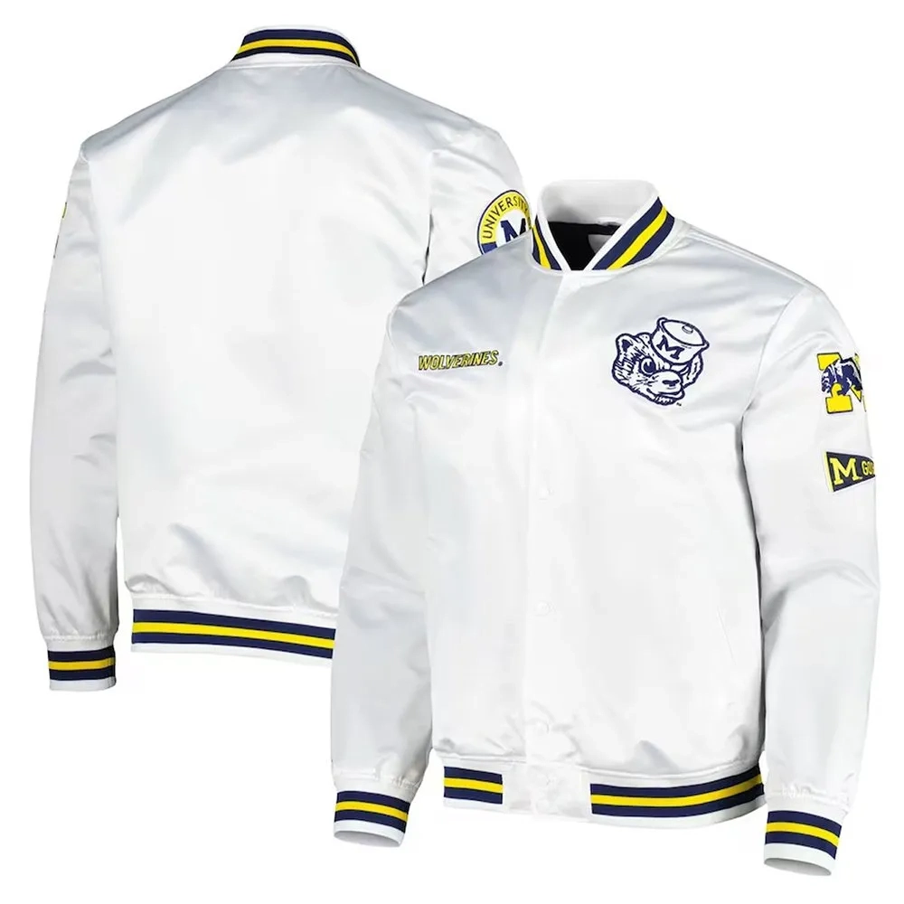 Michigan Wolverines City Collection White Satin Varsity Jacket - Image 3