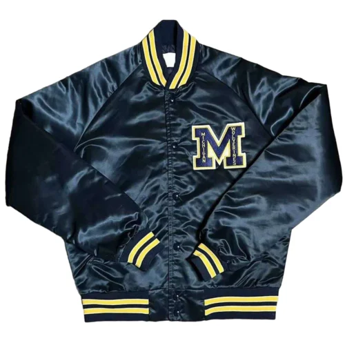 Michigan Wolverines Spellout Navy Satin Varsity Jacket