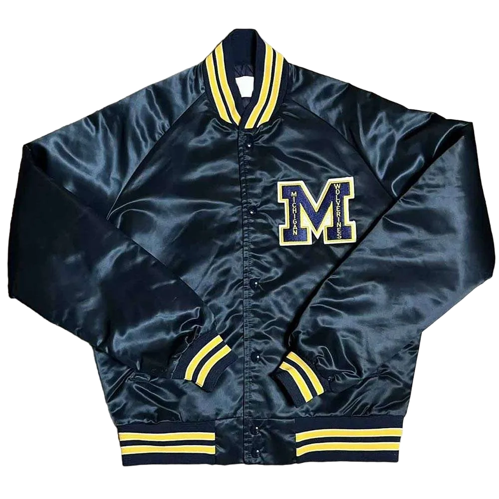 Michigan Wolverines Spellout Navy Satin Varsity Jacket