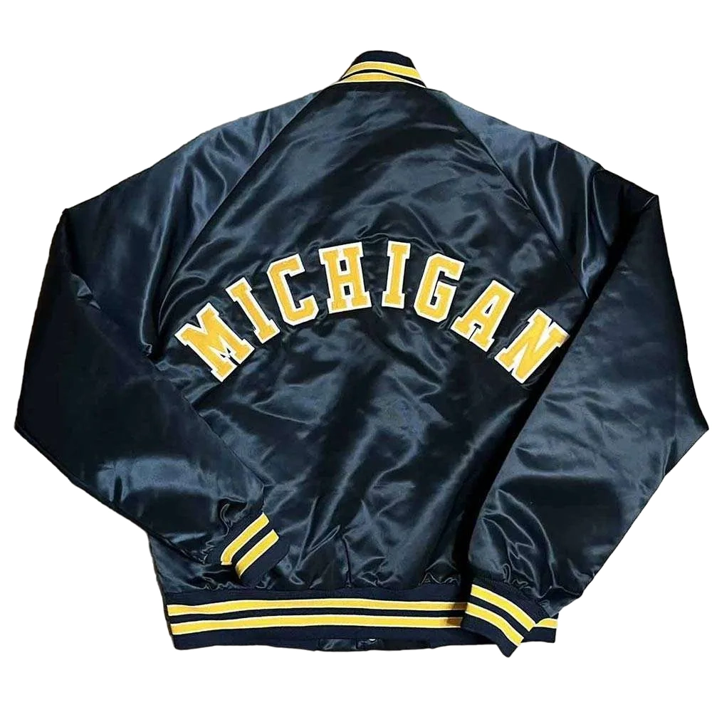 Michigan Wolverines Spellout Navy Satin Varsity Jacket - Image 2