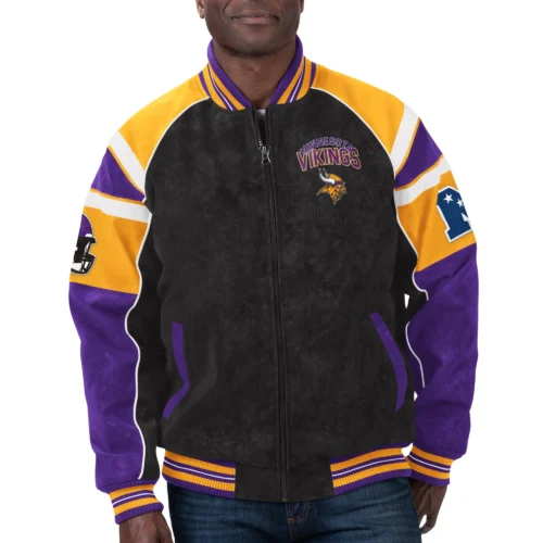 Minnesota Vikings  Raglan Black/Purple Suede Leather Varsity Jacket