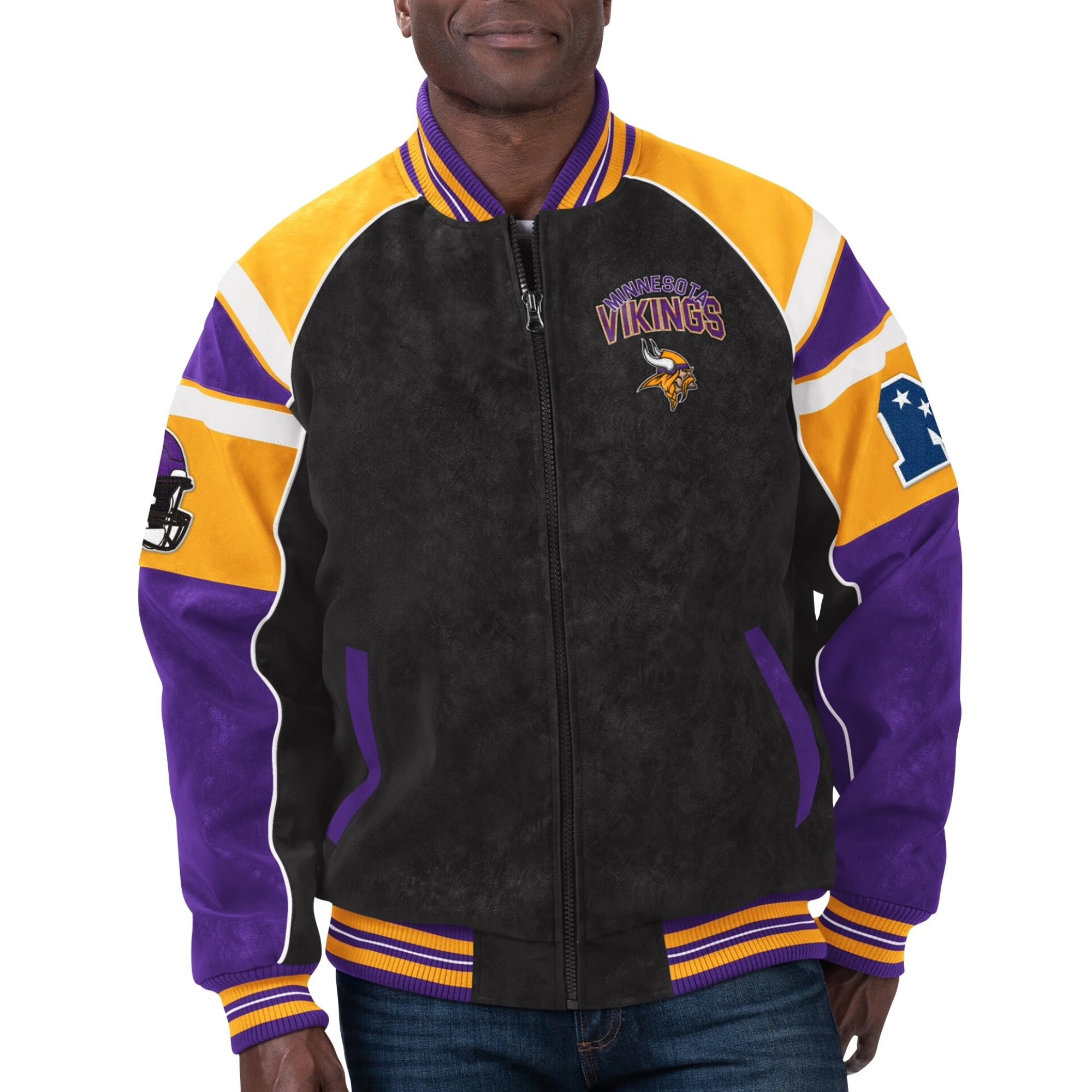 Minnesota Vikings Raglan Black/Purple Suede Leather Varsity Jacket