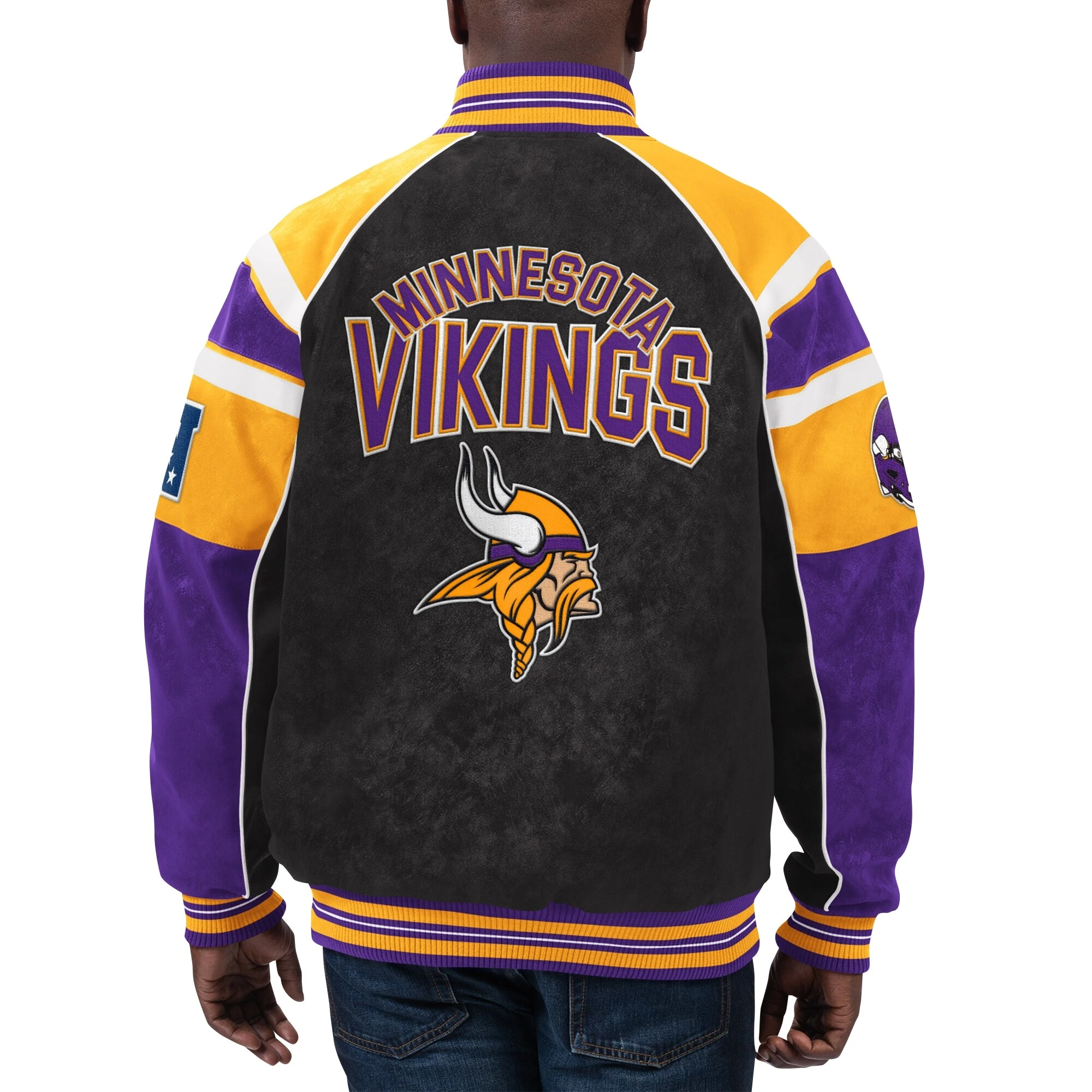 Minnesota Vikings Raglan Black/Purple Suede Leather Varsity Jacket - Image 2