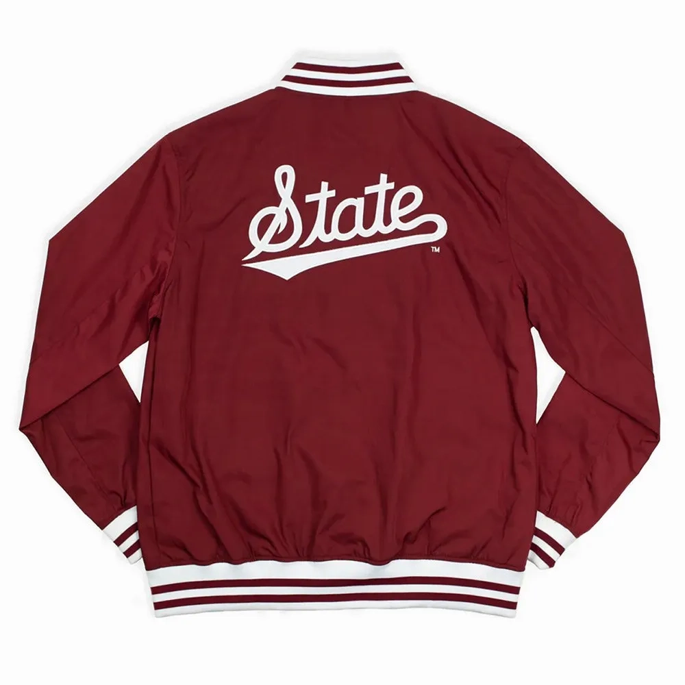 Mississippi State Bulldogs Script Retro Burgundy Bomber Satin Varsity Jacket - Image 2