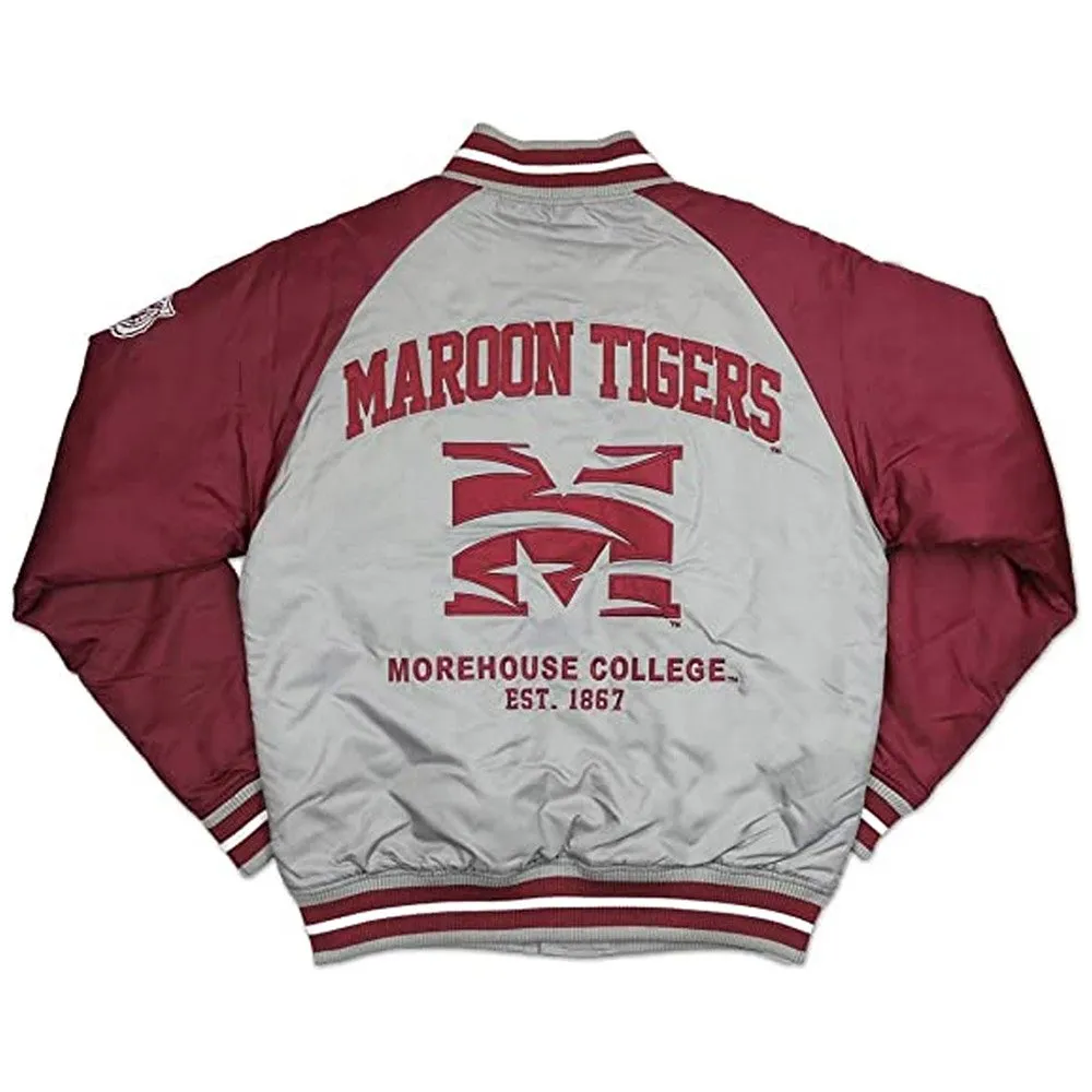 Morehouse Maroon Tigers Vintage Lightweight Gray and Maroon Satin Varsity Jacket - Image 2