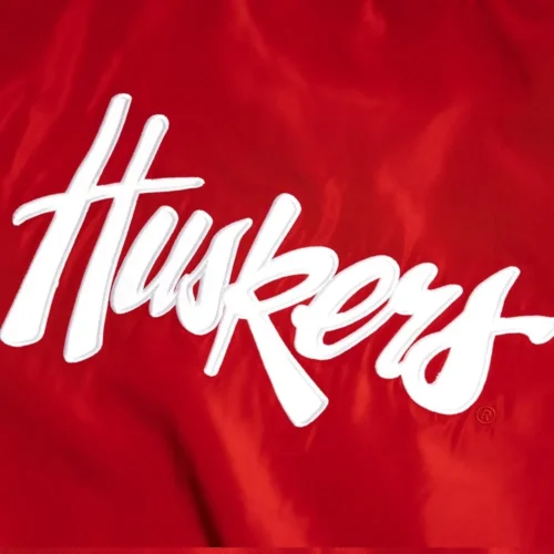 Nebraska Cornhuskers Script Logo Bomber Red Satin Varsity Jacket - Image 3