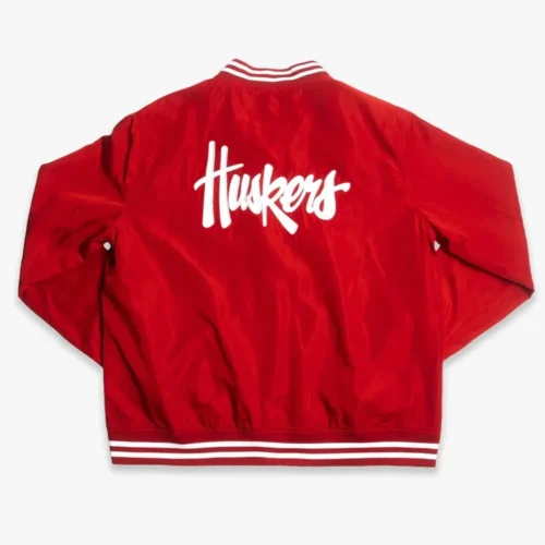 Alternative view of Nebraska Cornhuskers Script Logo Bomber Red Satin Varsity Jacket