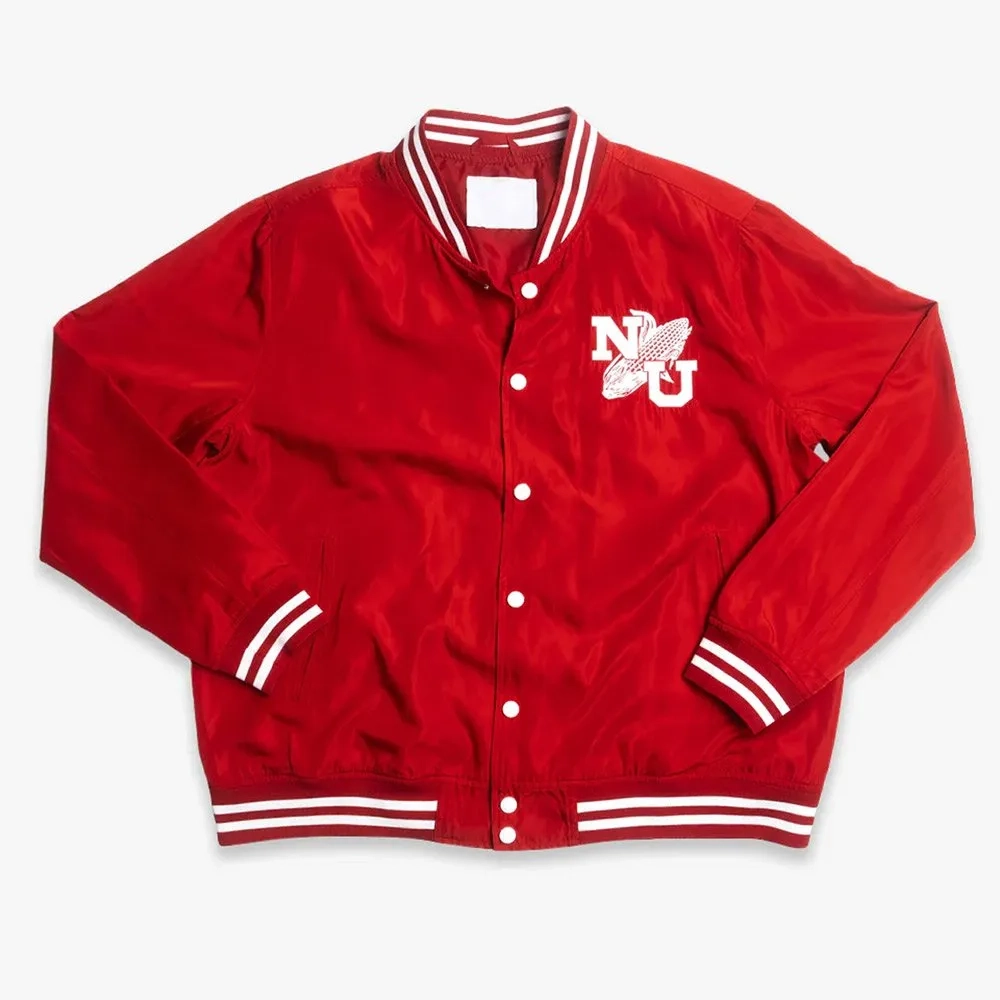 Nebraska Cornhuskers Script Logo Bomber Red Satin Varsity Jacket
