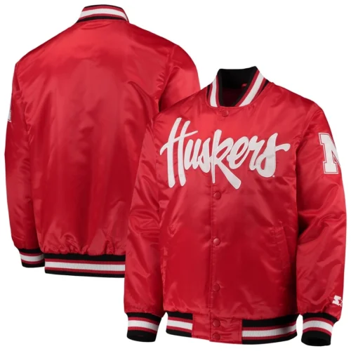 Nebraska Cornhuskers O-Line Red Satin Varsity Jacket - Image 4