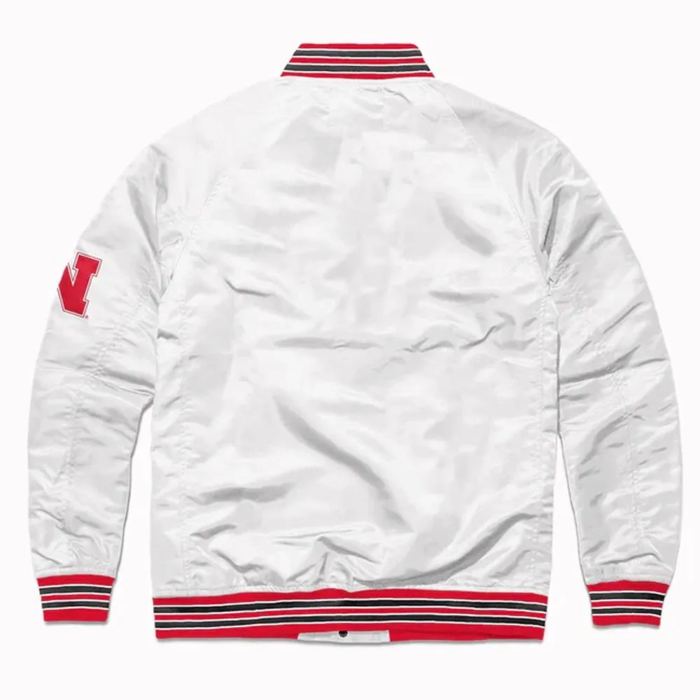 Nebraska Cornhuskers White Satin Bomber Varsity Jacket - Image 2