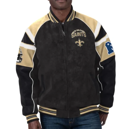 New Orleans Saints  Raglan Black/Cream Suede Leather Varsity Jacket