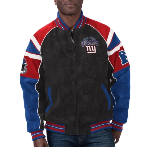 New York Giants Raglan Black/Blue Suede Leather Varsity Jacket