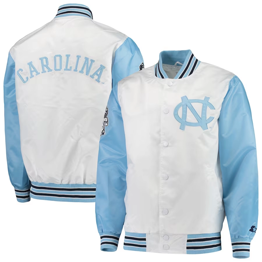 North Carolina Tar Heels The Legend White/Blue Satin Varsity Jacket - Image 2