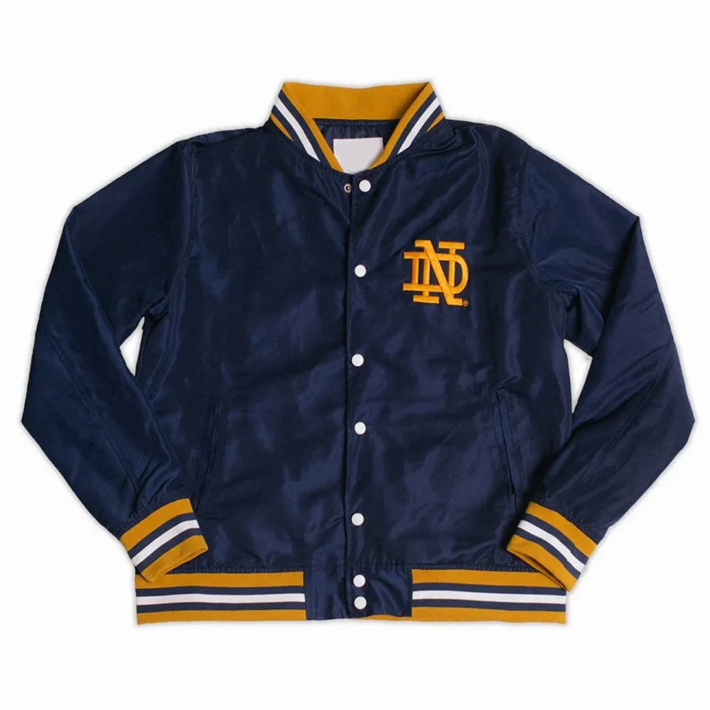 Notre Dame Fighting Irish Script Navy Satin Bomber Varsity Jacket