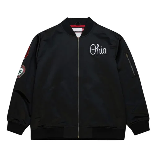Ohio State Buckeyes Logo Bomber Black Satin Varsity Jacket