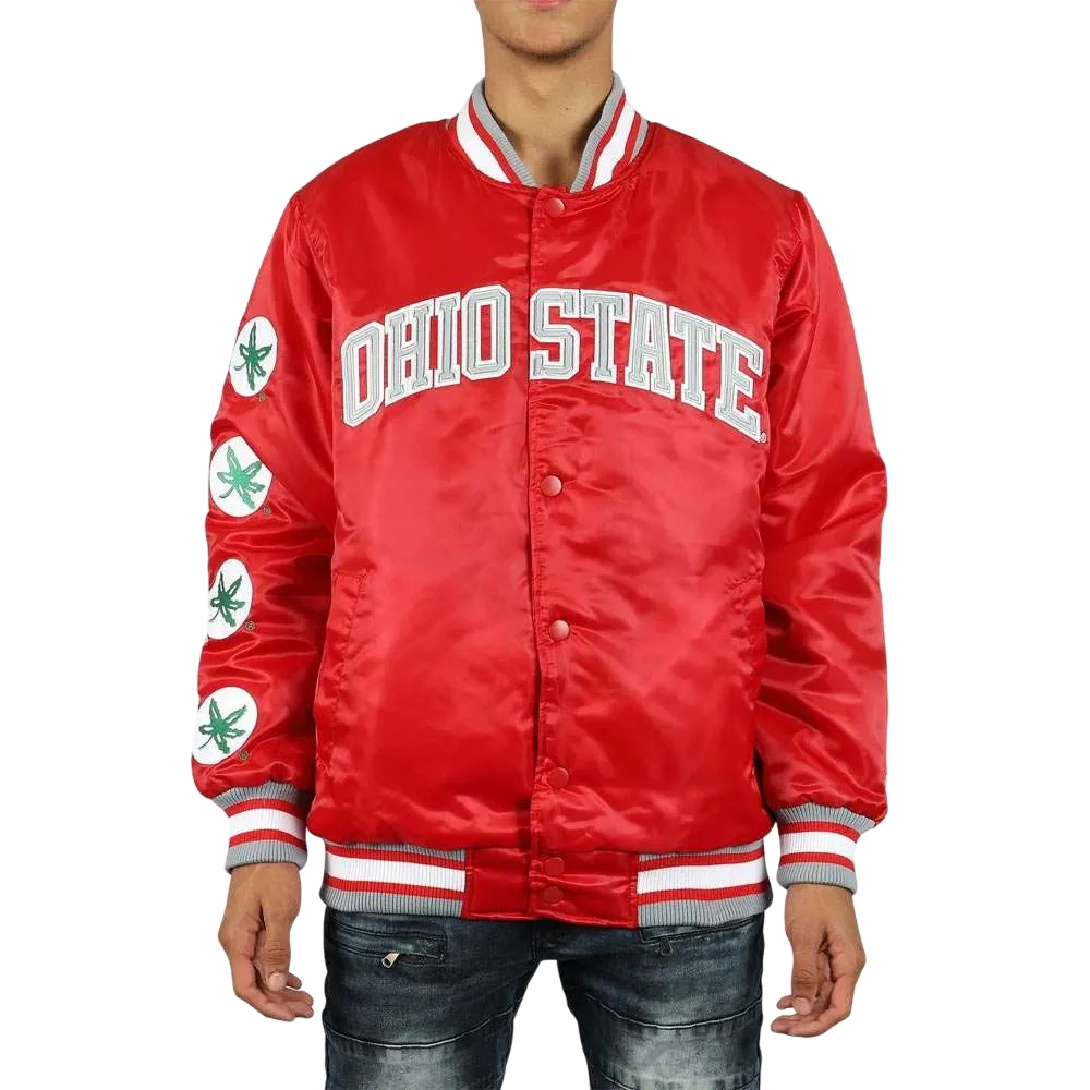 Ohio State Buckeyes Patches Red Satin Varsity Jacket