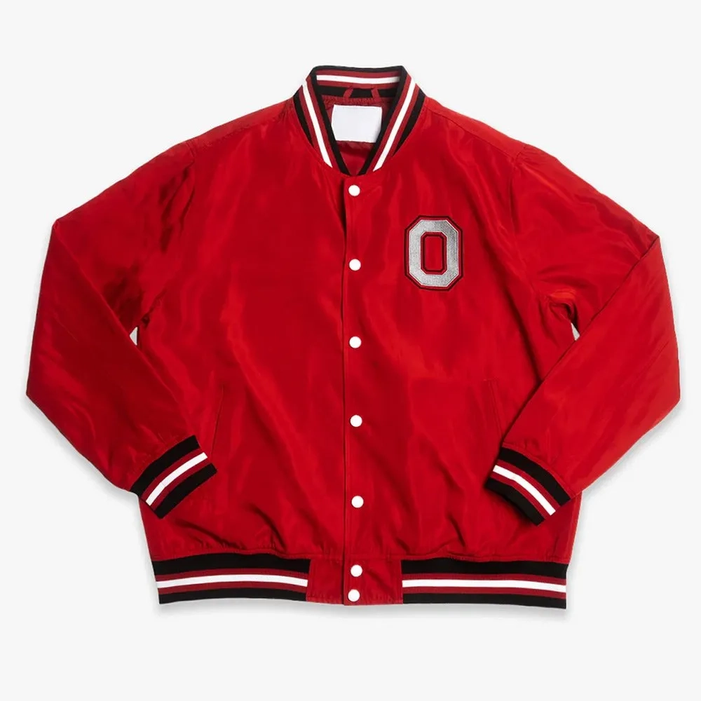 Ohio State Buckeyes Script Logo Bomber Red Satin Varsity Jacket
