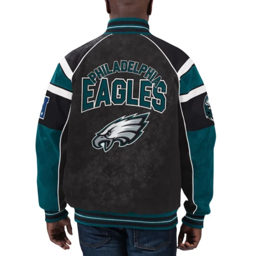 Alternative view of Philadelphia Eagles  Raglan Black/Green Suede Leather Varsity Jacket