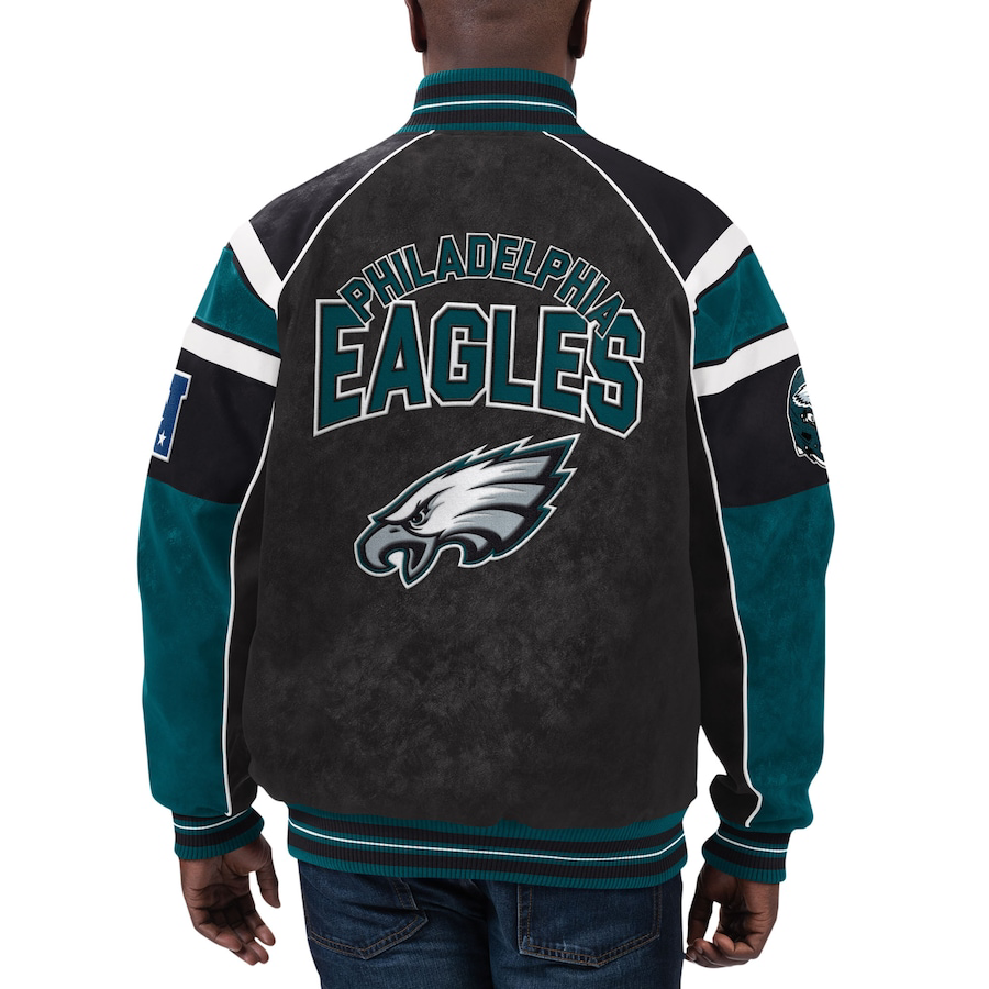 Philadelphia Eagles Raglan Black/Green Suede Leather Varsity Jacket - Image 2