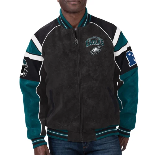Philadelphia Eagles  Raglan Black/Green Suede Leather Varsity Jacket