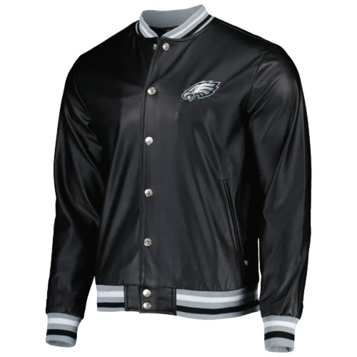 Philadelphia Eagles Metallic Bomber Full-Snap Black Leather Jacket