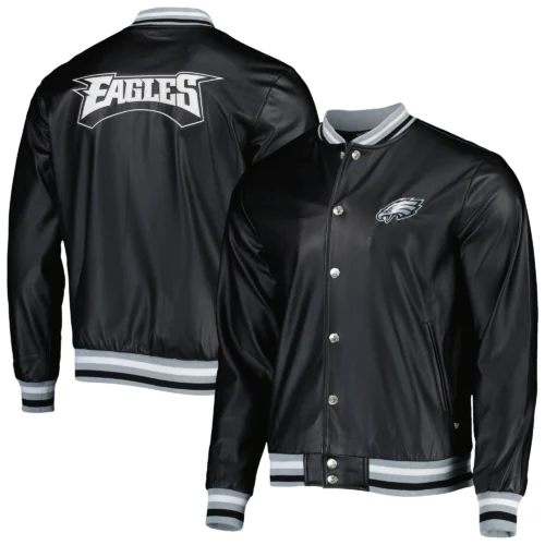 Philadelphia Eagles Metallic Bomber Full-Snap Black Leather Jacket - Image 4