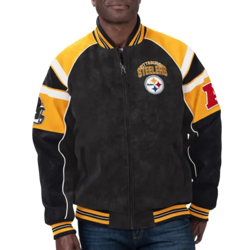 Pittsburgh Steelers  Raglan Black Suede Leather Varsity Jacket