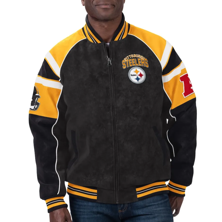 Pittsburgh Steelers Raglan Black Suede Leather Varsity Jacket