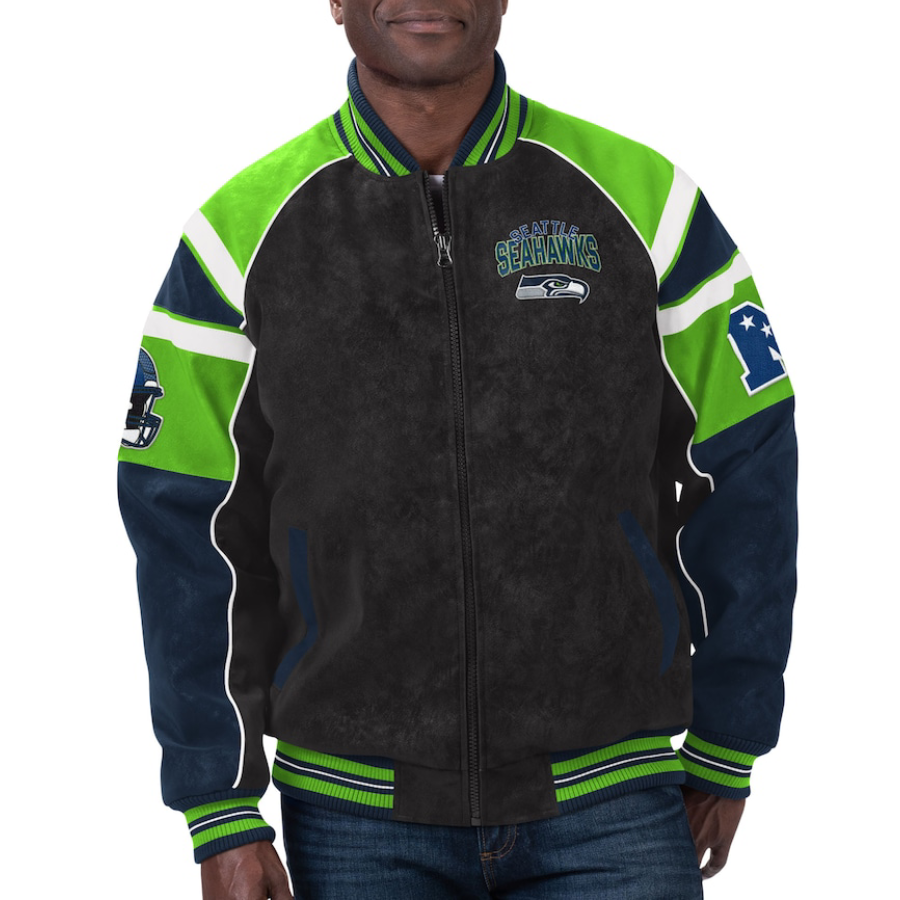 Seattle Seahawks Raglan Black/Green Suede Leather Varsity Jacket