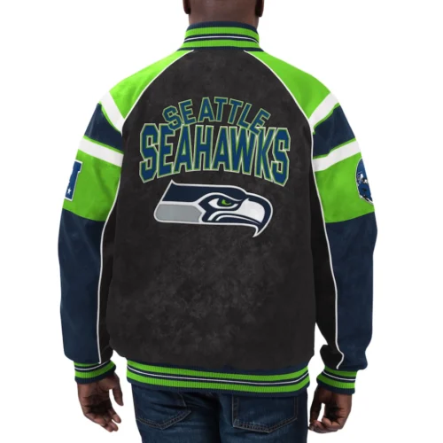 Alternative view of Seattle Seahawks  Raglan Black/Green Suede Leather Varsity Jacket