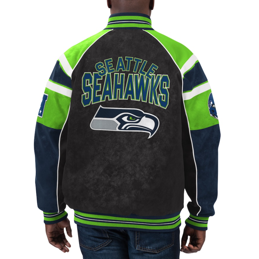 Seattle Seahawks Raglan Black/Green Suede Leather Varsity Jacket - Image 2