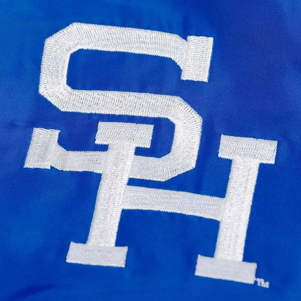 Seton Hall Pirates Bomber Blue Satin Varsity Jacket - Image 3