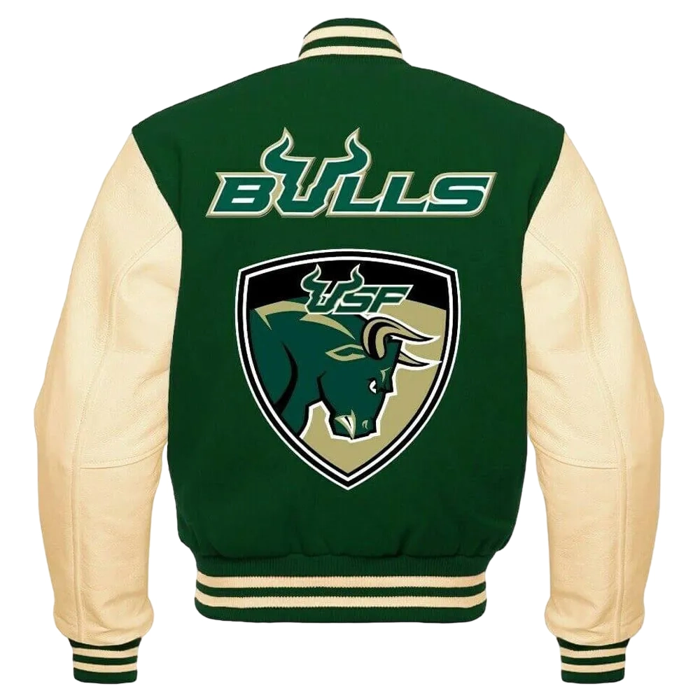 South Florida Bulls Green/Cream Wool & Leather Varsity Jacket - Image 2