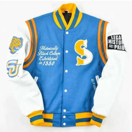 Southern Jaguars Motto 2.0 Blue/White Satin Varsity Jacket