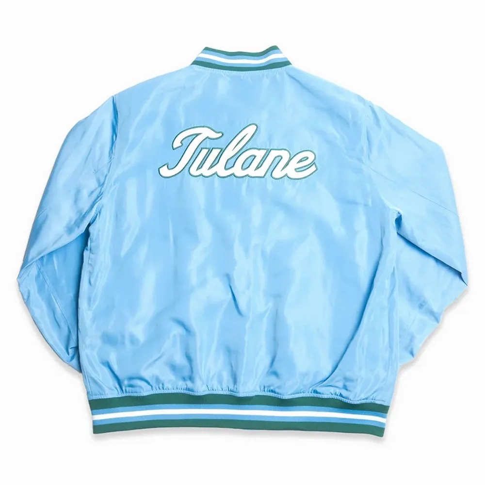 Tulane Green Wave Script Bomber Blue Satin Varsity Jacket - Image 2