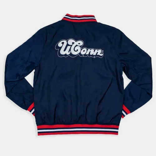 Alternative view of UConn Huskies Script Bubble Bomber Navy Satin Varsity Jacket
