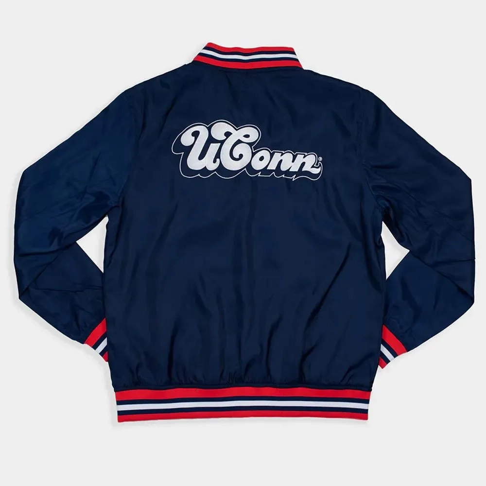 UConn Huskies Script Bubble Bomber Navy Satin Varsity Jacket - Image 2