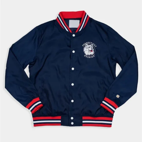 UConn Huskies Script Bubble Bomber Navy Satin Varsity Jacket